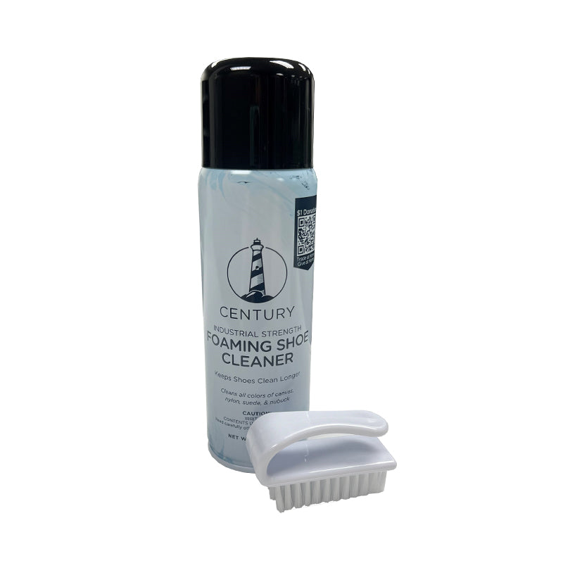Century Foaming Shoe Cleaner - 7 oz - Front View of Spray Can and Shoe Brush - Available at Tradehome Shoes