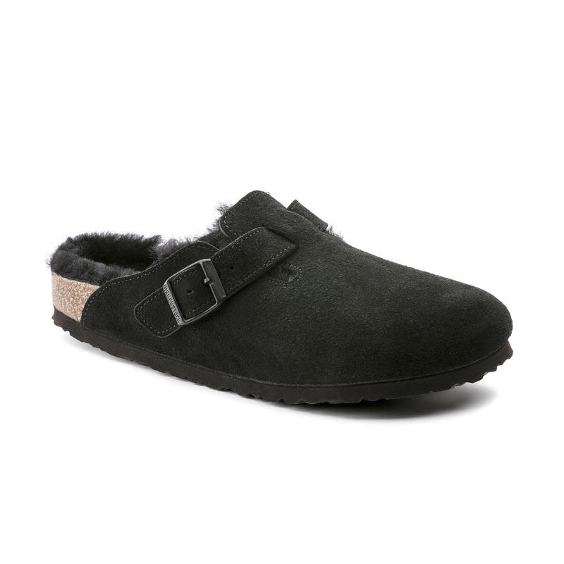 Women's Birkenstock Boston Shearling - Black/Black - 45° Angle - Available at Tradehome Shoes