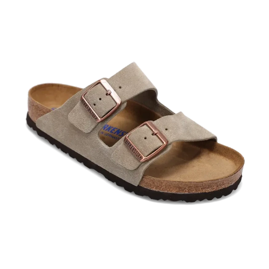 Women's Birkenstock Arizona Soft Footbed - Taupe Suede - 45° Angle - Available at Tradehome Shoes