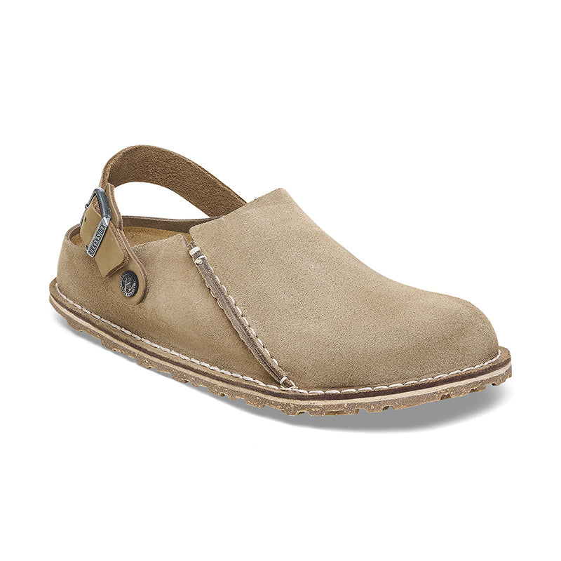 Angled side view of Birkenstock Women's Lutry Narrow in Gray Taupe Suede.