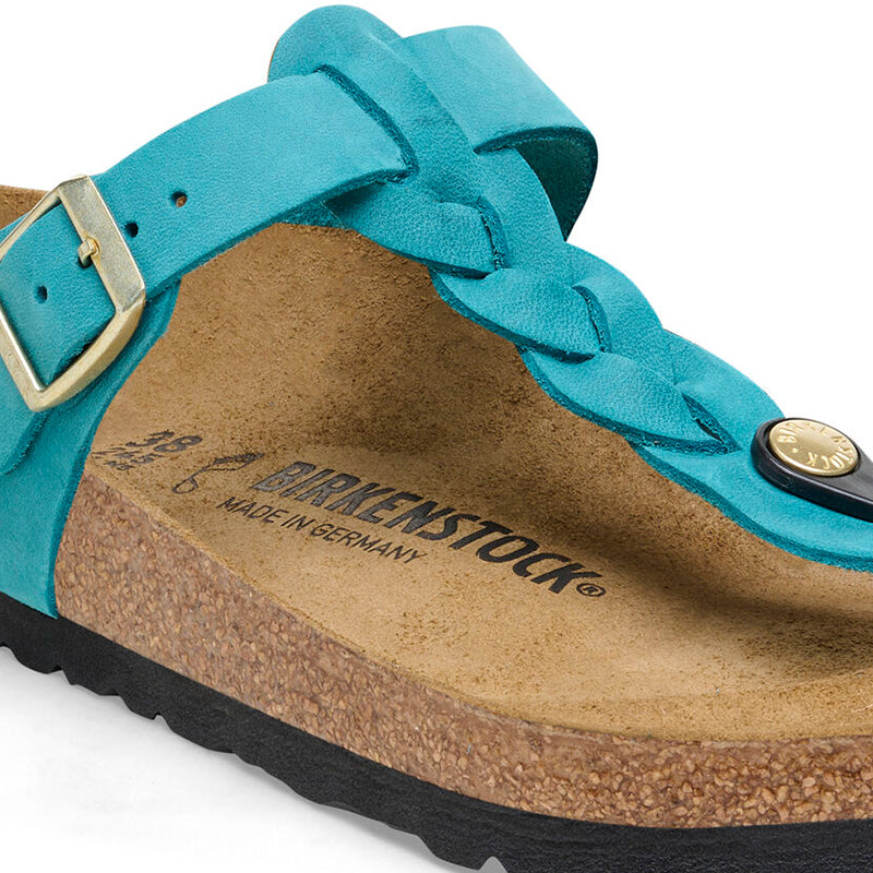 Women's Birkenstock Gizeh Braid - Biscay Oiled Leather - Close-Up on Buckle and Braided Strap - Available at Tradehome Shoes