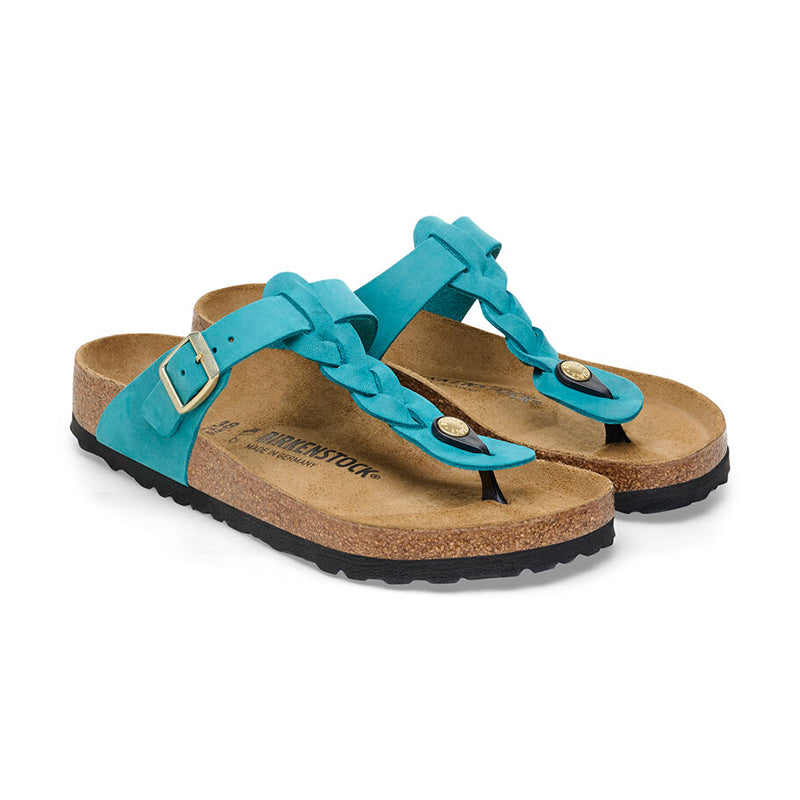 Women's Birkenstock Gizeh Braid - Biscay Oiled Leather - Pair of Shoes 45° Angle - Available at Tradehome Shoes