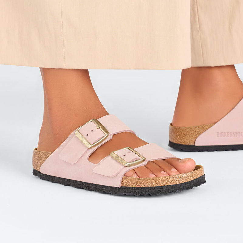Women's Birkenstock Arizona SFB - Soft Pink Nubuck - Lifestyle Image of Woman Wearing Birkenstock Arizona Sandals - Available at Tradehome Shoes