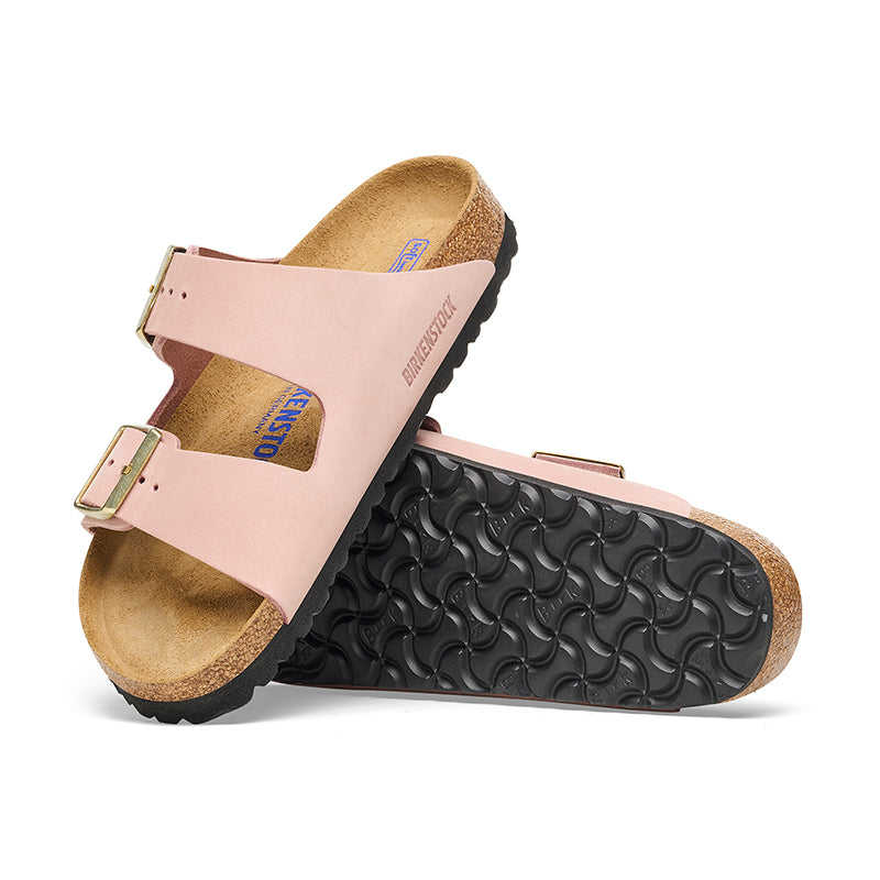Women's Birkenstock Arizona SFB - Soft Pink Nubuck - Pair of Shoes Leaning Against Each Other - Available at Tradehome Shoes