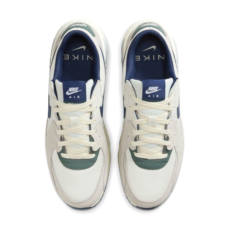 View of Nike Men's Air Max Excee Sneaker in Sail/ Navy/ Iron from above.