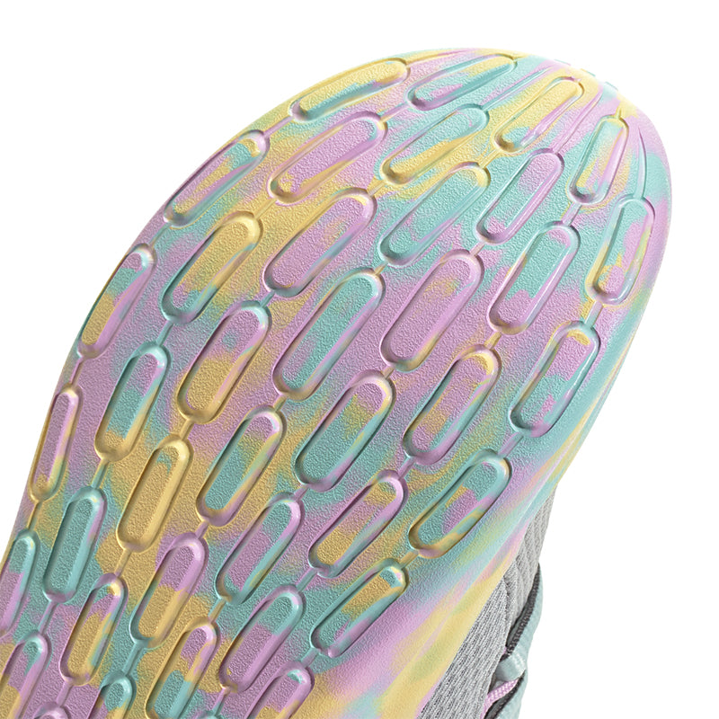 Zoomed in bottom view of Kid's Adidas Preschool Lite Racer Adapt 7.0 sneaker in grey/flash aqua/lilac.