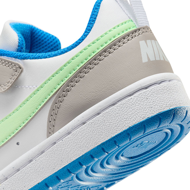 Zoomed in back view of Kid's Nike Grade School Court Borough Low Recraft sneaker in iron/vapor green/blue.