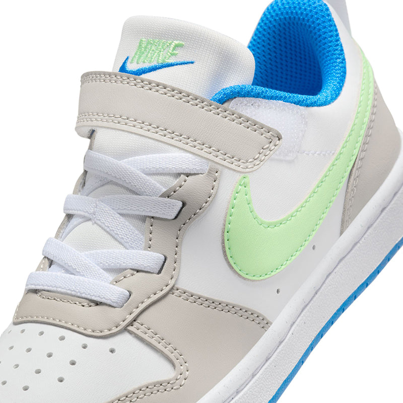 Zoomed in lace view of Kid's Nike Grade School Court Borough Low Recraft sneaker in iron/vapor green/blue.