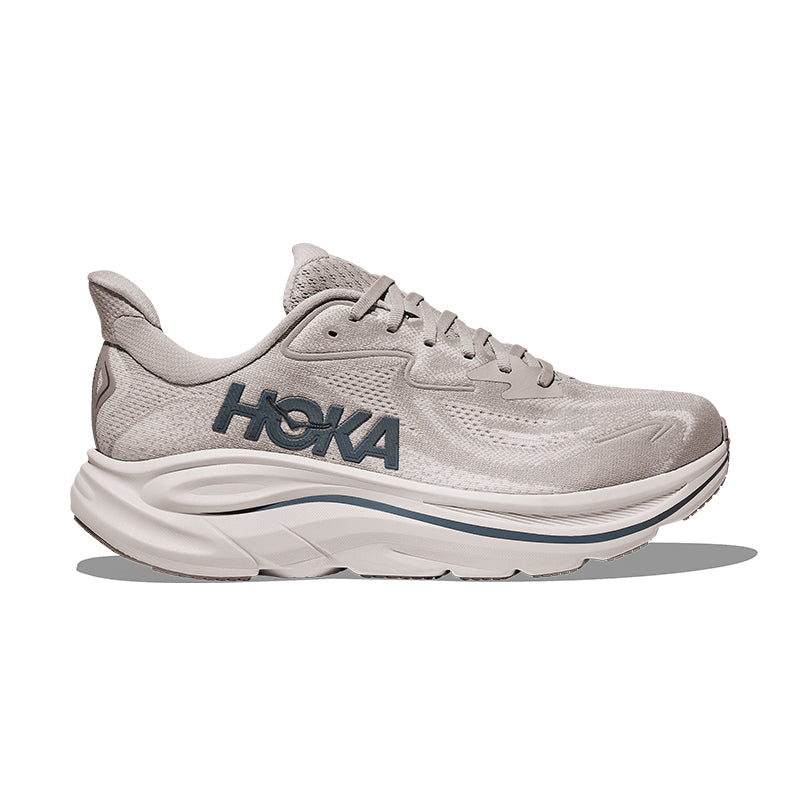 Gray running shoe with 'Hoka' branding on a white background