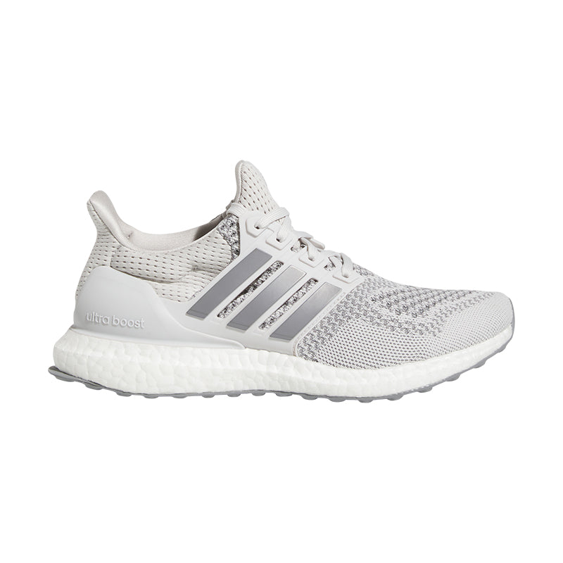 Side view of Adidas Women's Ultraboost 1.0 sneaker in Grey/Grey/White.