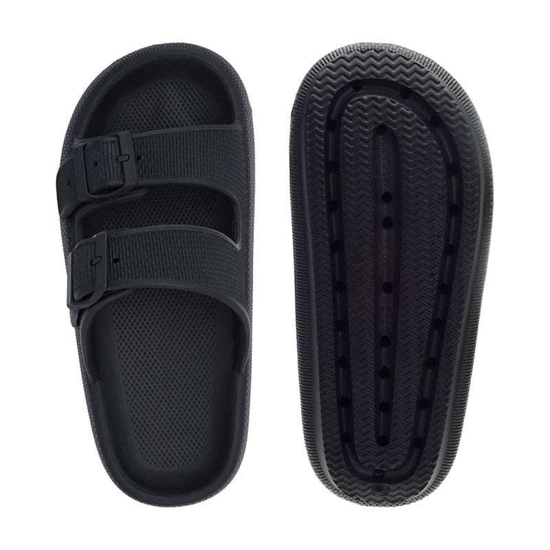 Top and bottom view of Women's Pillow sandal in black.