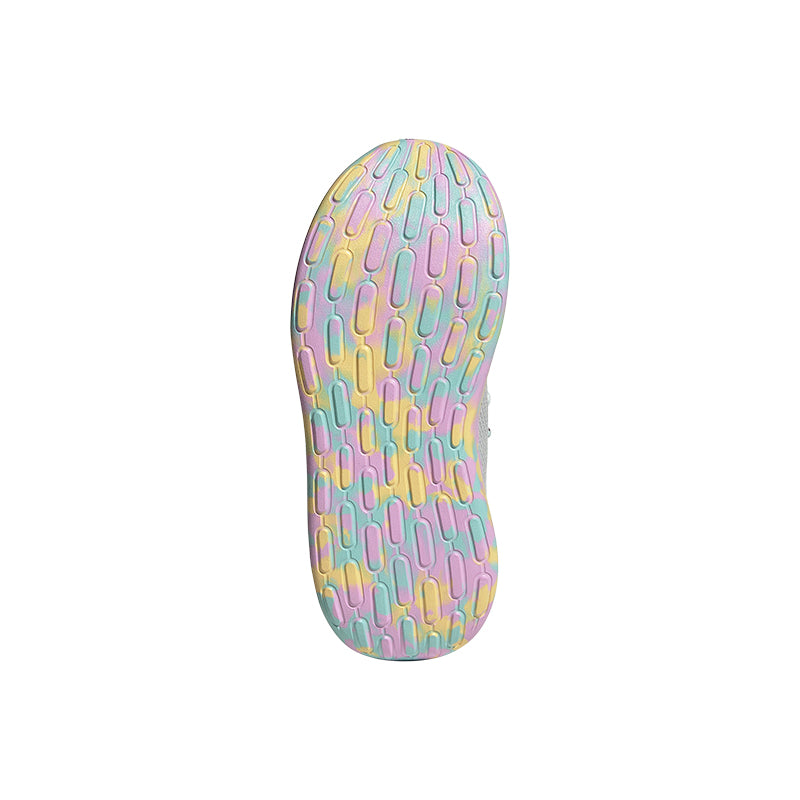 Bottom view of Kid's Adidas Preschool Lite Racer Adapt 7.0 sneaker in grey/flash aqua/lilac.