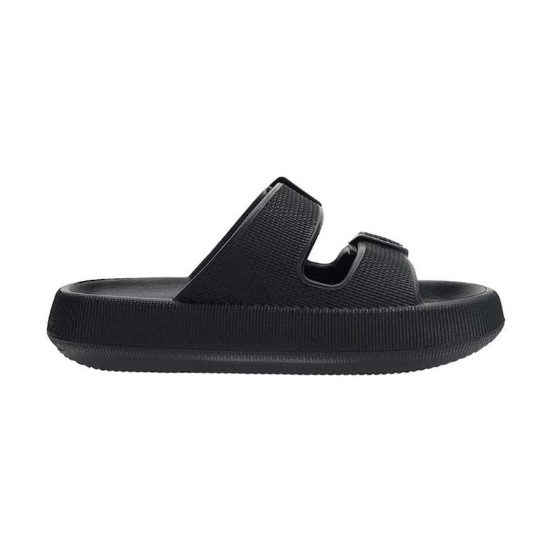 Side view of Women's Pillow sandal in black.