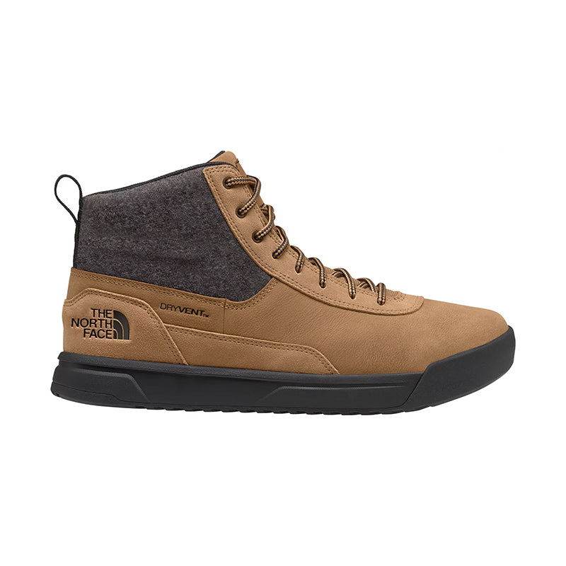 Side view of The North Face Men's Larimer Mid Waterproof SE Boot in Almond Butter/TNF Black.