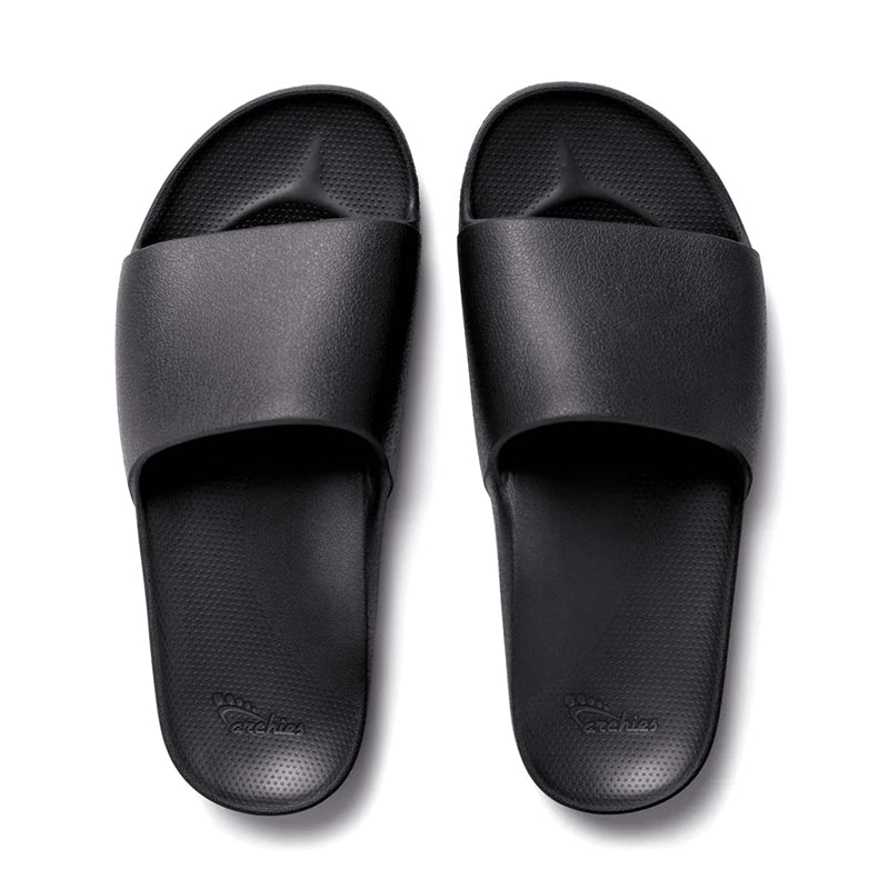 Women's Archies Arch Support Slide - Black - Pair of Shoes Top-Down View - Available at Tradehome Shoes