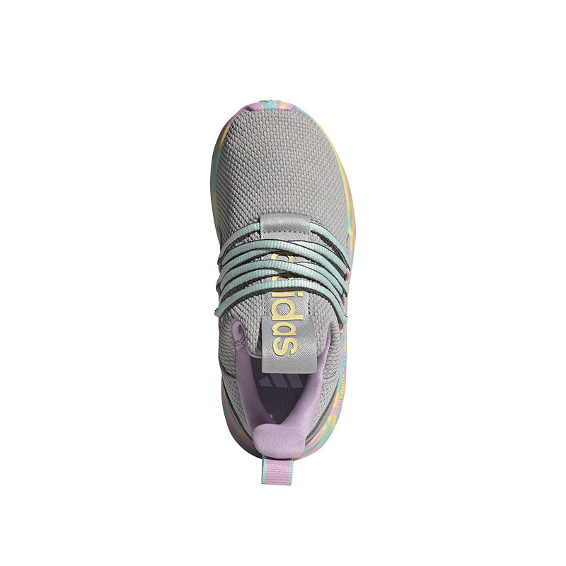 View of Kid's Adidas Preschool Lite Racer Adapt 7.0 sneaker in grey/flash aqua/lilac from above.