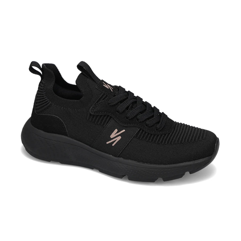 Angled side view of Women's RIVAL Reign sneaker in black/rose gold/black.