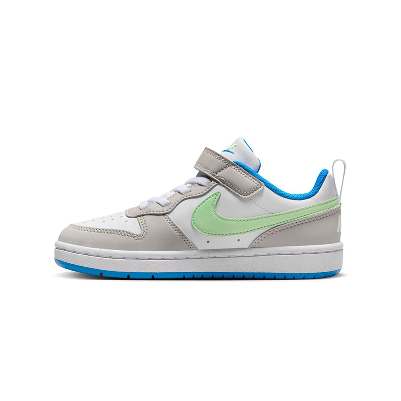 Side view of Kid's Nike Grade School Court Borough Low Recraft sneaker in iron/vapor green/blue.