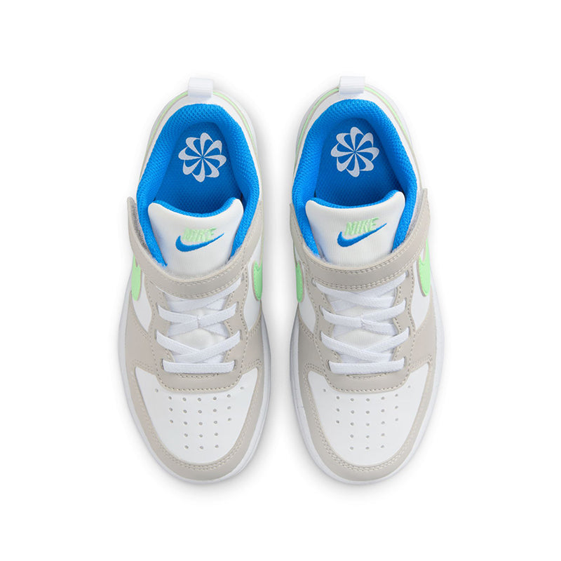 View of Kid's Nike Grade School Court Borough Low Recraft sneaker in iron/vapor green/blue from above.