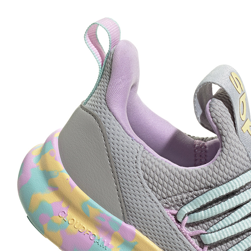 Zoomed in heel view of Kid's Adidas Preschool Lite Racer Adapt 7.0 sneaker in grey/flash aqua/lilac.