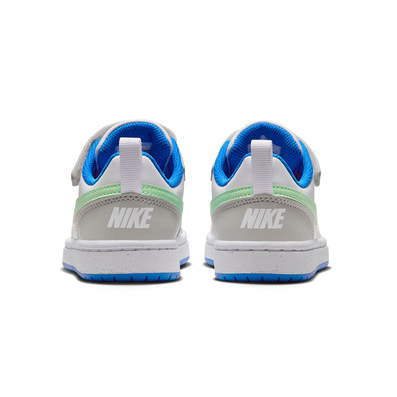 Back view of Kid's Nike Grade School Court Borough Low Recraft sneaker in iron/vapor green/blue.