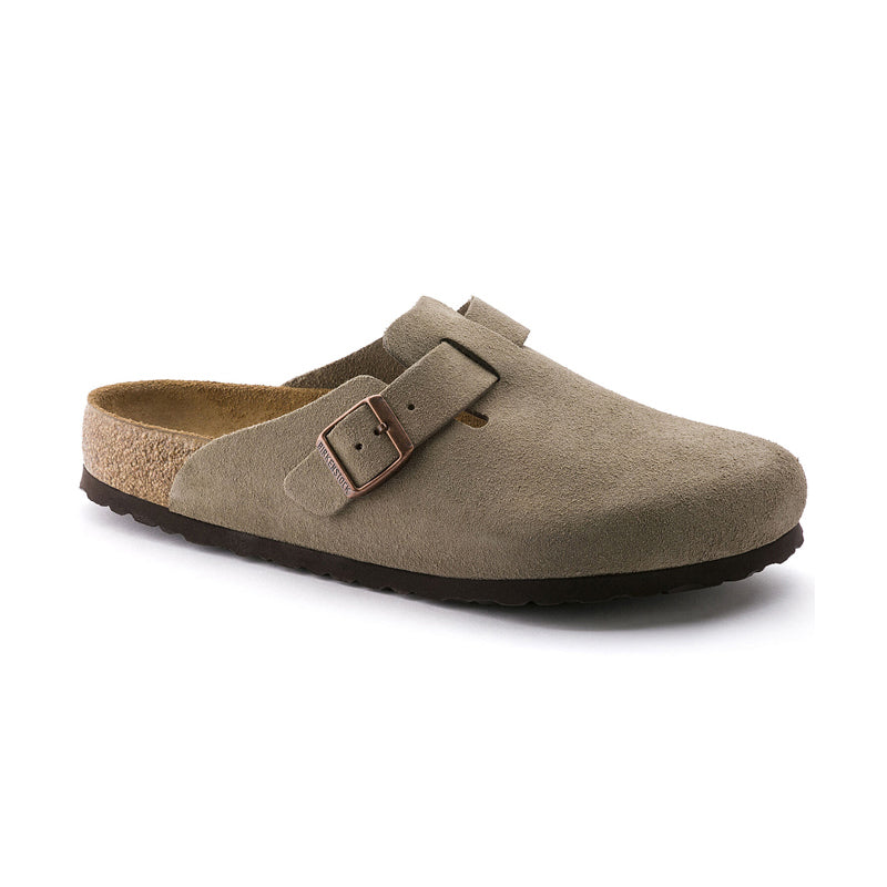 Men's Birkenstock Boston Soft Footbed - Taupe Suede - 45° Angle - Available at Tradehome Shoes