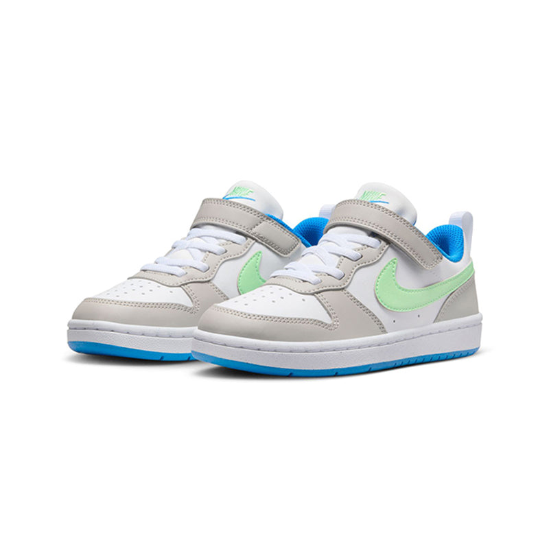 Angled front view of Kid's Nike Grade School Court Borough Low Recraft sneaker in iron/vapor green/blue.