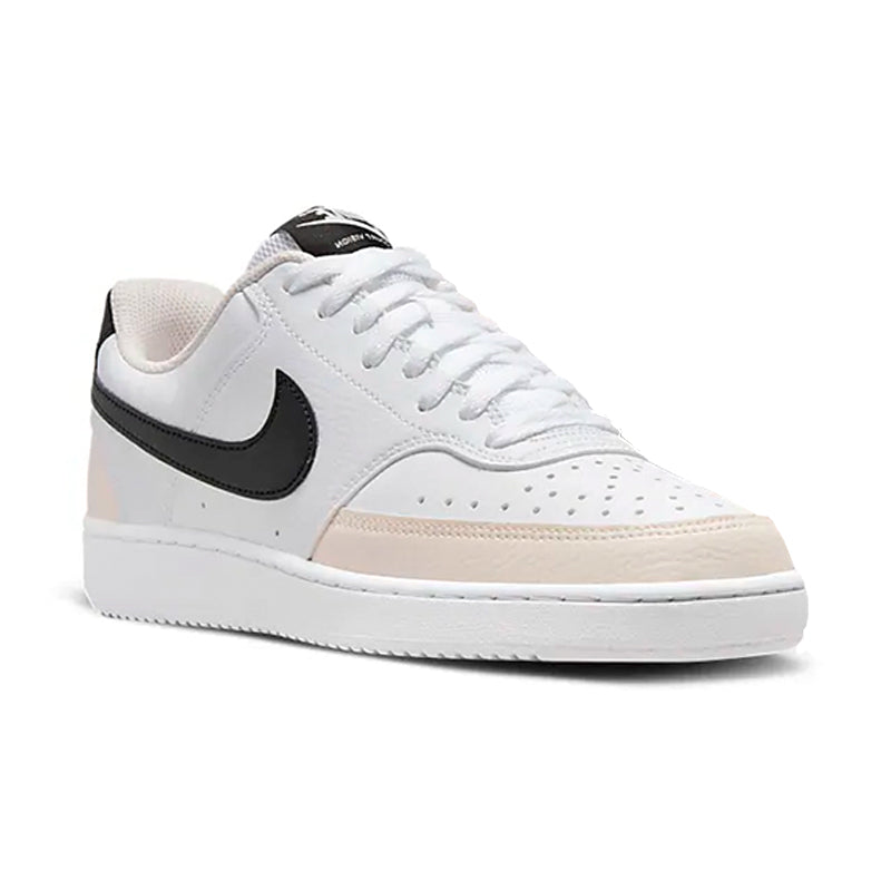 Angled side view of Nike Women's Court Vision Low sneaker in White/ Black/ Soft Pink.