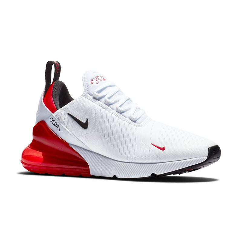 Men's Nike Air Max 270 sneakers in white, black, and red with a visible sole and lace-up closure.