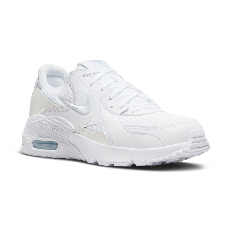Angled side view of Nike Women's Air Max Excee sneaker in White/Platinum/White.