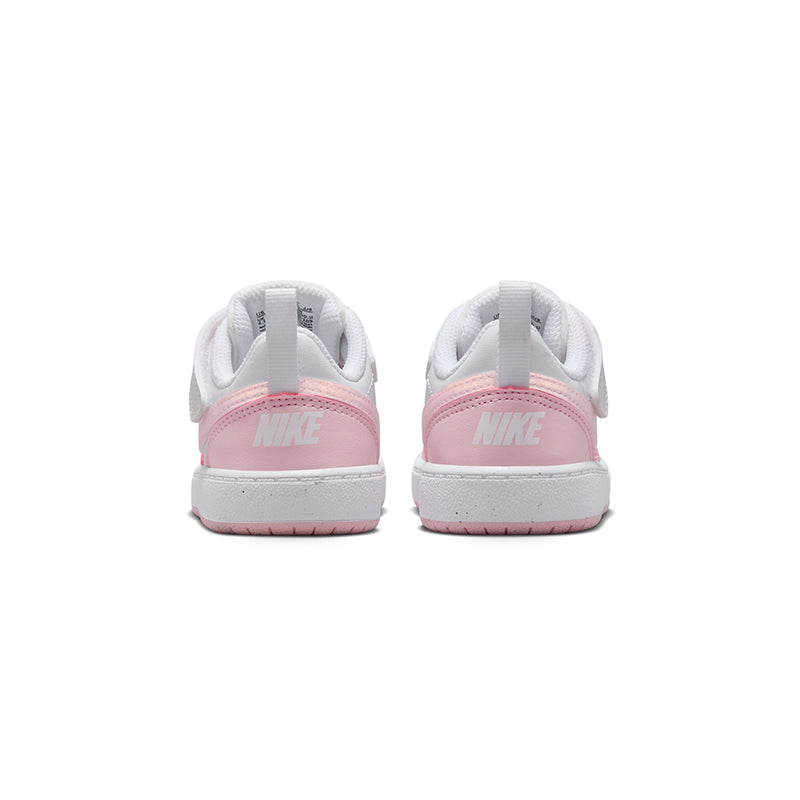 Back view of Nike Kid's Toddler Court Borough Low Recraft sneaker in white/foam pink.