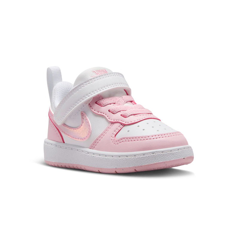 Angled side view of Nike Kid's Toddler Court Borough Low Recraft sneaker in white/foam pink.