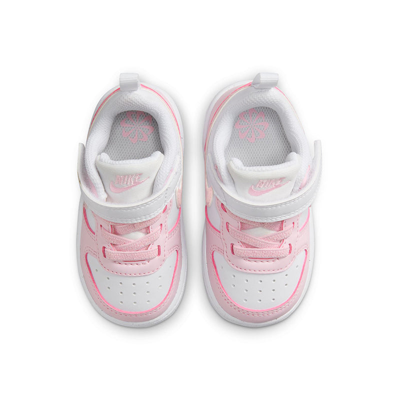 View of Nike Kid's Toddler Court Borough Low Recraft sneaker in white/foam pink from above.