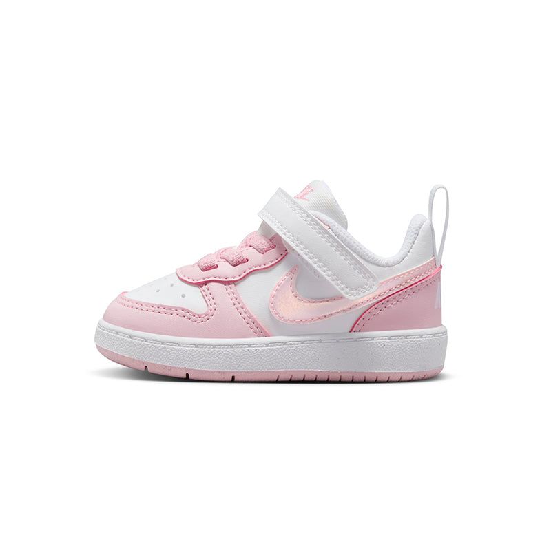Side view of Nike Kid's Toddler Court Borough Low Recraft sneaker in white/foam pink.
