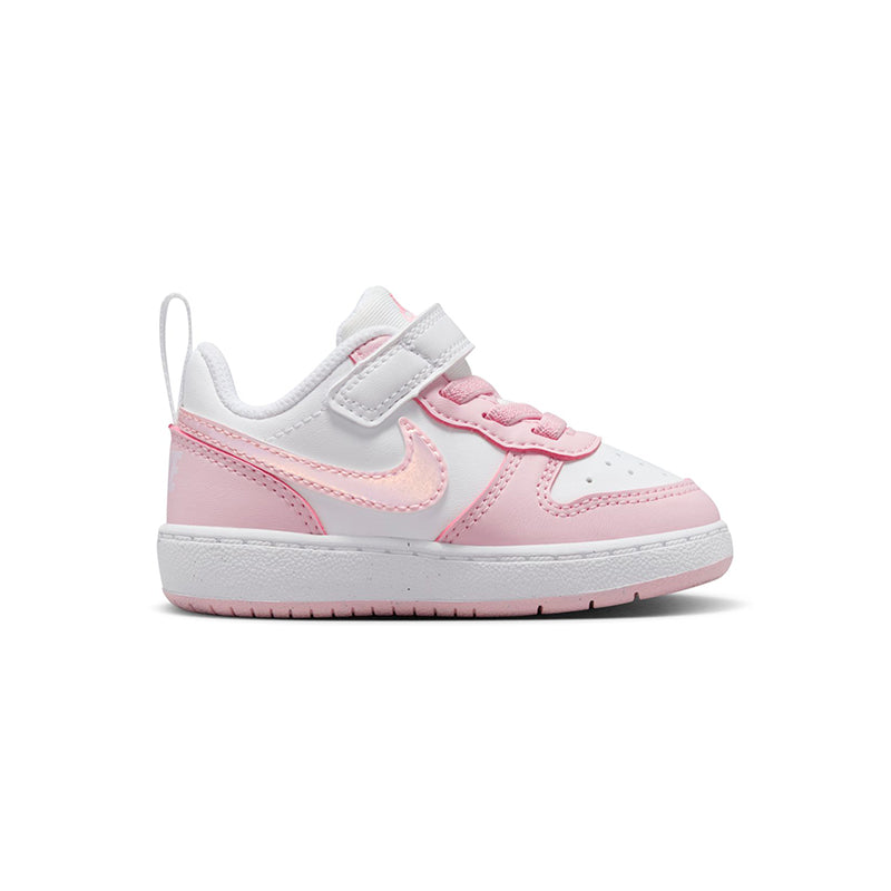 Side view of Nike Kid's Toddler Court Borough Low Recraft sneaker in white/foam pink.