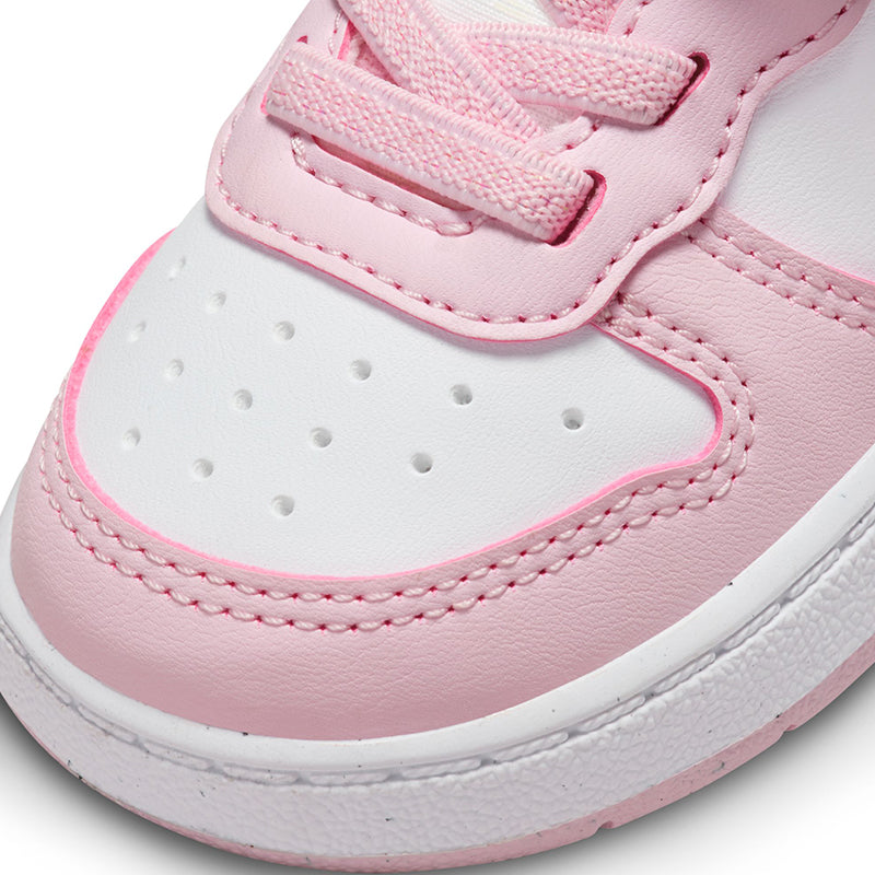 Zoomed in front view of Nike Kid's Toddler Court Borough Low Recraft sneaker in white/foam pink.