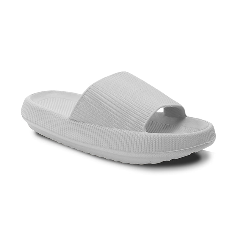 Angled side view of Women's Pillow Slides sandal in grey.