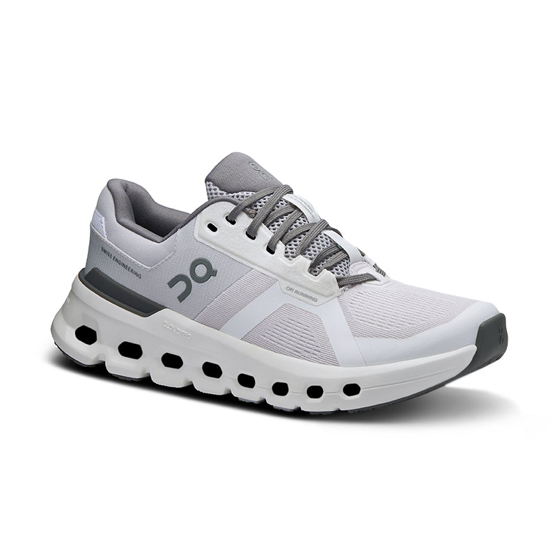 Angled side view of On Women's Cloudrunner 2 sneaker in frost/white.