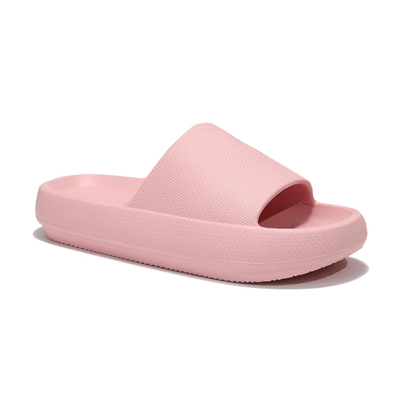 Angled side view of Women's Pillow Slide sandal in pink.