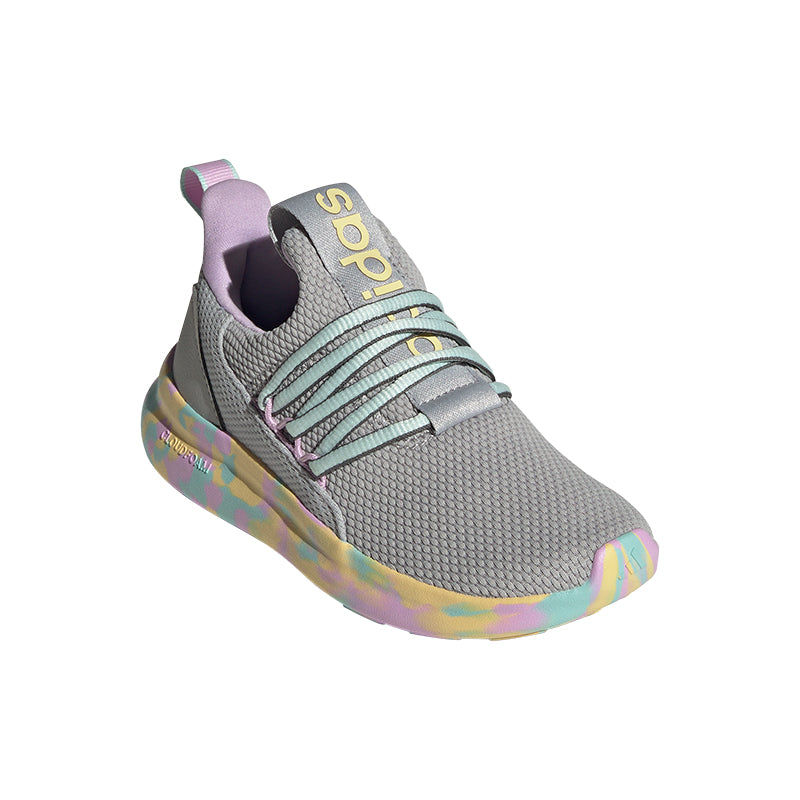 Angled side view of Kid's Adidas Preschool Lite Racer Adapt 7.0 sneaker in grey/flash aqua/lilac.