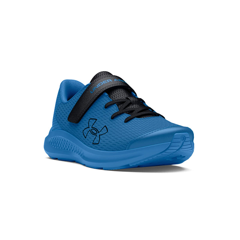 Angled side view of Under Armour Kid's Preschool Pursuit 3 BL sneaker in photon blue/viral blue.