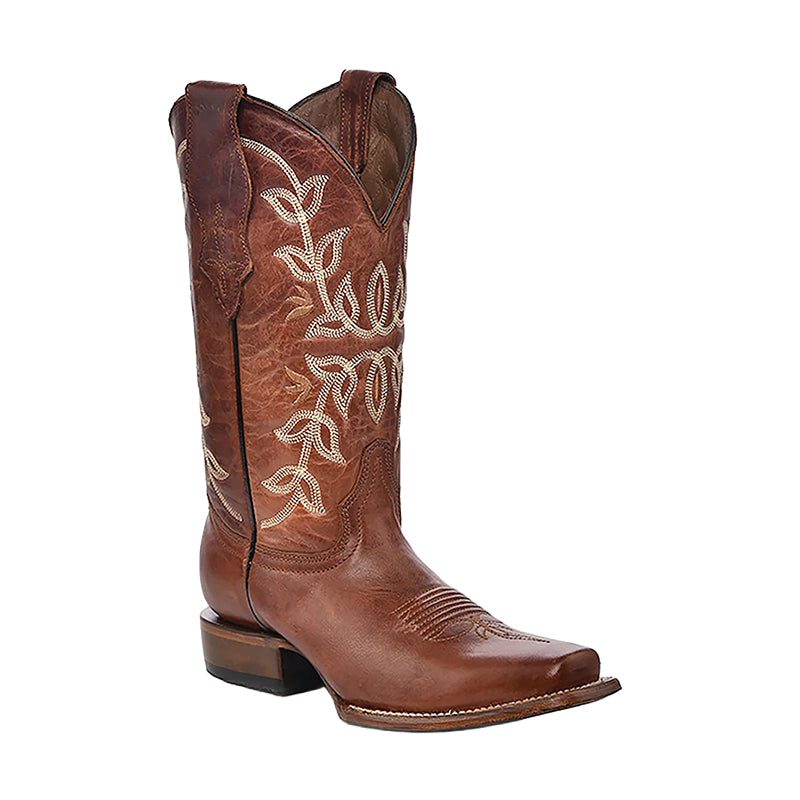 Women's Embroidery Square Toe Cognac