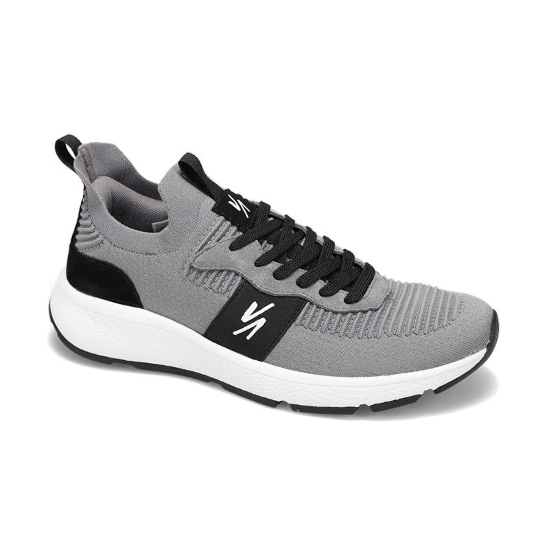 A pair of men's sneakers with a shadow/white/black color scheme, featuring a mesh upper, a EVA midsole, and a rubber outsole.