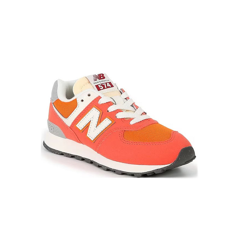 Angled side view of Kid's New Balance Grade School 574 sneaker in gulf red/white.