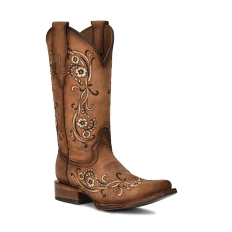 Women s L2063 Floral Embroidery Square Toe Cowboy Boots Sandalwood Tradehome Shoes