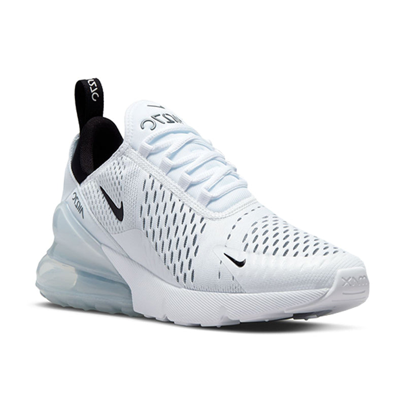 Angled side view of Nike Women's Air Max 270 sneaker in White/ Black/ White.