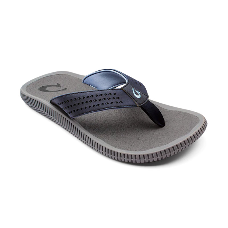 Angled side view of Olukai Men's Ulele sandal in blue depth/charcoal.