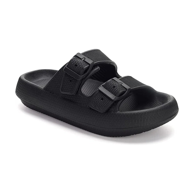 Angled side view of Women's Pillow sandal in black.