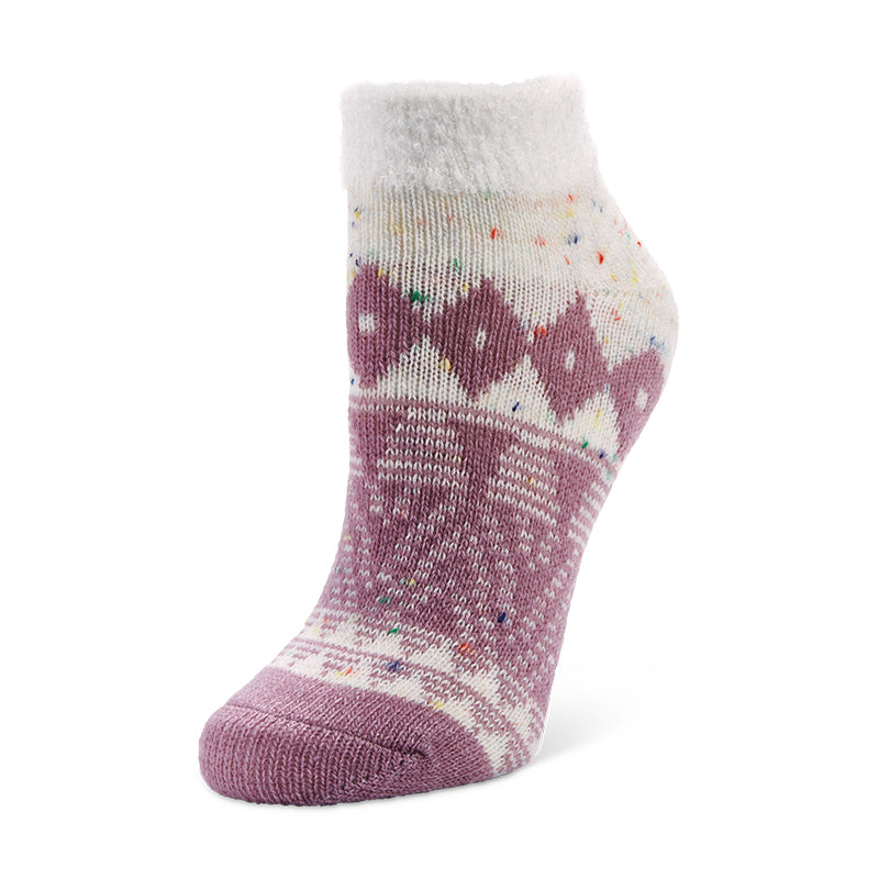 A pair of women's crew socks with a geometric pattern in multiple colors, including purple, green, and white, and a plush interior lining.
