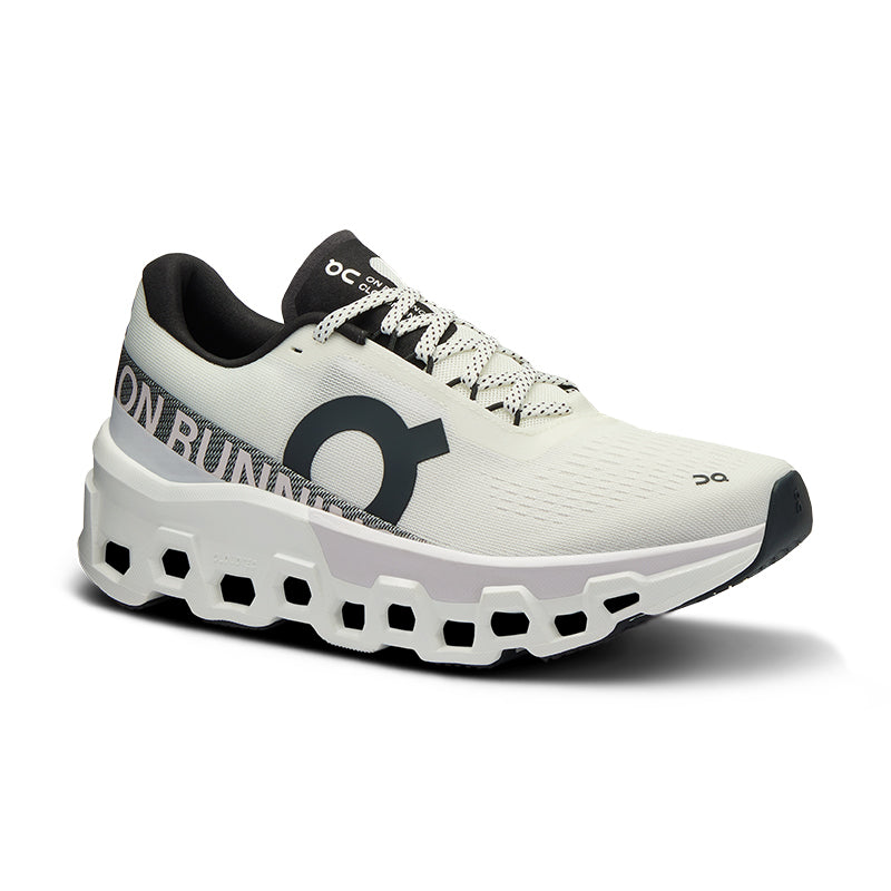 A pair of white On Running sneakers with a distinctive sole designed for cushioning and propulsion.